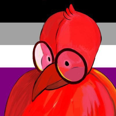 A picture of a red phoenix, not on fire, with circular glasses. Behind the phoenix is an asexual flag